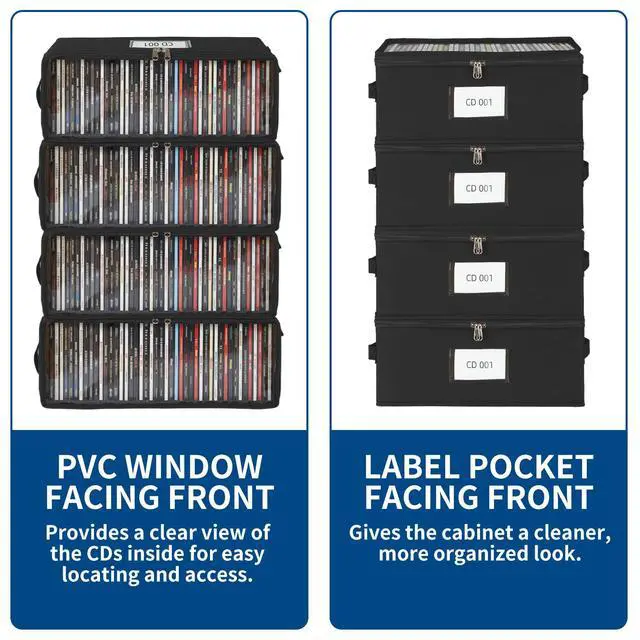 Alt view image 2 of 7 - 4 Pack Fabric CD Storage Box with Clear PVC Lid, Holds 35 Standard CD Cases, Zipper Closure for Dust Protection, Portable CD Organizer for Music Collection, Black