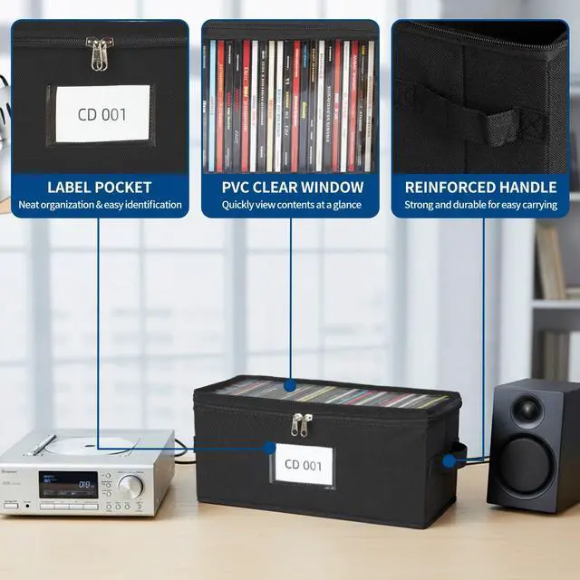 Alt view image 5 of 7 - 4 Pack Fabric CD Storage Box with Clear PVC Lid, Holds 35 Standard CD Cases, Zipper Closure for Dust Protection, Portable CD Organizer for Music Collection, Black