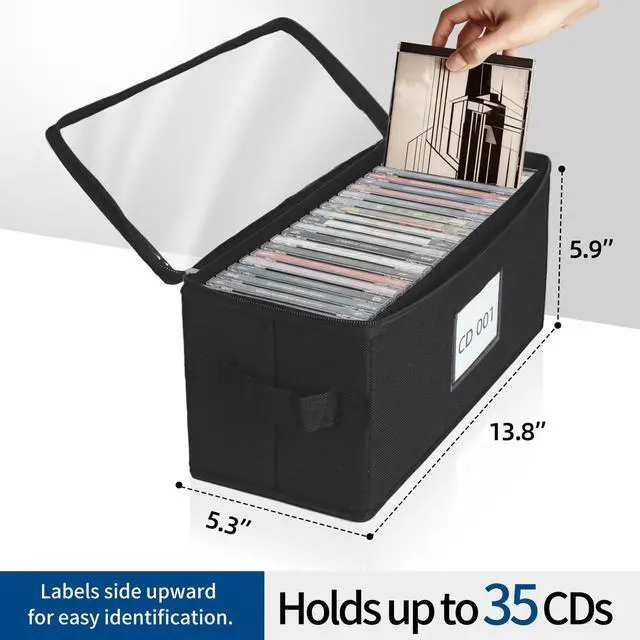 Alt view image 4 of 7 - 4 Pack Fabric CD Storage Box with Clear PVC Lid, Holds 35 Standard CD Cases, Zipper Closure for Dust Protection, Portable CD Organizer for Music Collection, Black