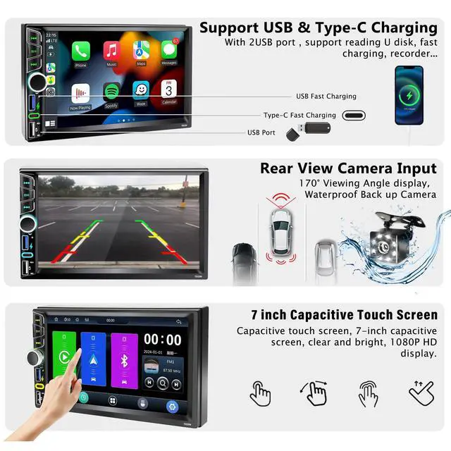 Alt view image 5 of 6 - 7" Double Din Car Stereo,Wireless Apple CarPlay Android Auto GPS Navigation | FM AM Car Radio with Backup Camera,Audio Receiver,Subwoofer Ports,Bluetooth 5.2,Type-C/USB Fast Charging,180W Outputs,Knob