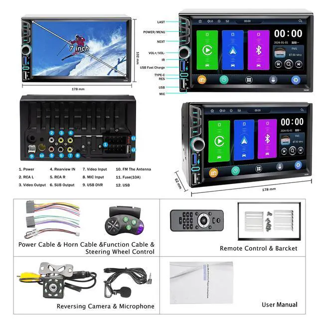 Alt view image 6 of 6 - 7" Double Din Car Stereo,Wireless Apple CarPlay Android Auto GPS Navigation | FM AM Car Radio with Backup Camera,Audio Receiver,Subwoofer Ports,Bluetooth 5.2,Type-C/USB Fast Charging,180W Outputs,Knob