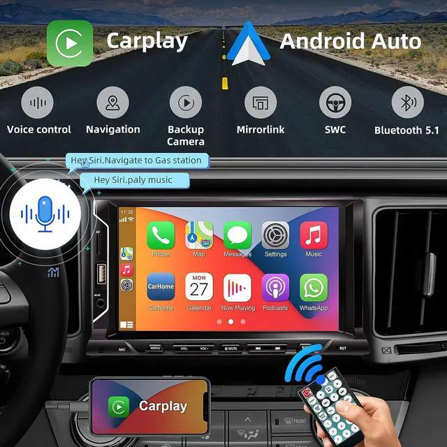 Alt view image 2 of 7 - 7 Inch Double Din Car Stereo Support Apple CarPlay Android Auto Mirror Link Capacitive Touchscreen Monitor Car Play Radio with Bluetooth 5.0, FM Radio, USB/TF/AUX Port, Backup Camera, Remote Control