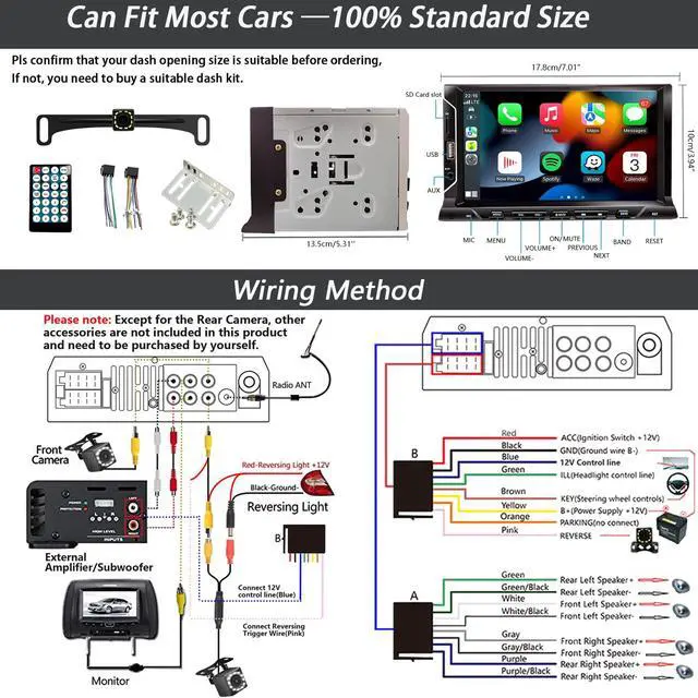 Alt view image 6 of 7 - 7 Inch Double Din Car Stereo Support Apple CarPlay Android Auto Mirror Link Capacitive Touchscreen Monitor Car Play Radio with Bluetooth 5.0, FM Radio, USB/TF/AUX Port, Backup Camera, Remote Control
