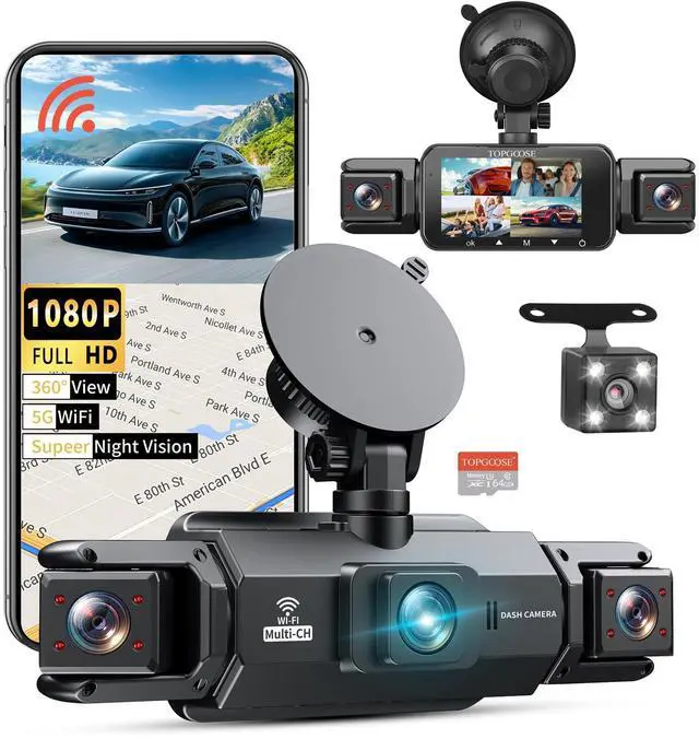 Main image of 360° Dash Cam 4 Channel 5G WiFi & APP Control, Free 64GB Card, 2K FHD Front and Rear Inside, Left Right Dash Camera for Cars, G-Sensor, Loop Recording, 24H Parking Mode