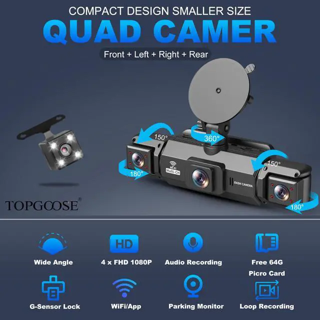 Alt view image 2 of 7 - 360° Dash Cam 4 Channel 5G WiFi & APP Control, Free 64GB Card, 2K FHD Front and Rear Inside, Left Right Dash Camera for Cars, G-Sensor, Loop Recording, 24H Parking Mode