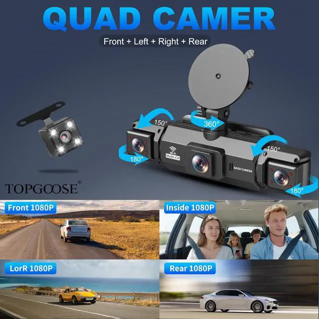 Alt view image 3 of 7 - 360° Dash Cam 4 Channel 5G WiFi & APP Control, Free 64GB Card, 2K FHD Front and Rear Inside, Left Right Dash Camera for Cars, G-Sensor, Loop Recording, 24H Parking Mode
