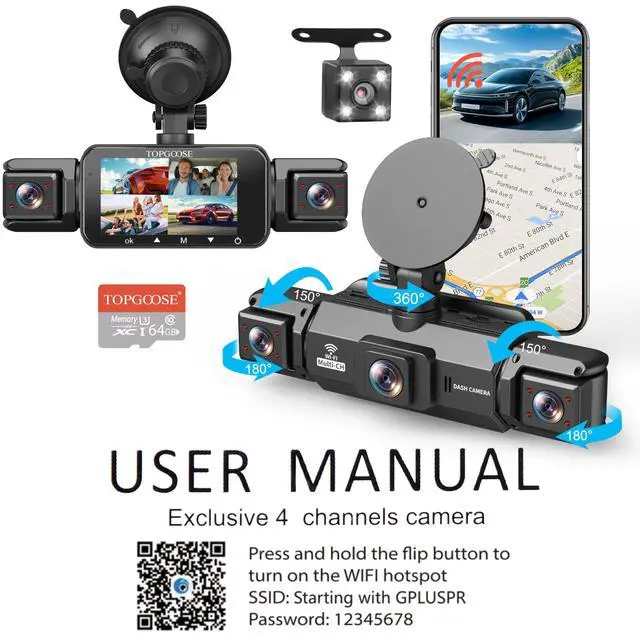 Alt view image 7 of 7 - 360° Dash Cam 4 Channel 5G WiFi & APP Control, Free 64GB Card, 2K FHD Front and Rear Inside, Left Right Dash Camera for Cars, G-Sensor, Loop Recording, 24H Parking Mode