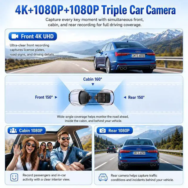 Alt view image 2 of 7 - 3 Channel Mirror Dash Camera for Cars,9.66" Triple Rear View Mirror with Front 4K/3K, Inside and Rear 1080P with WiFi, G-Sensor, Night Vision, Reverse Assist, Parking Monitoring (Include 64GB Card)