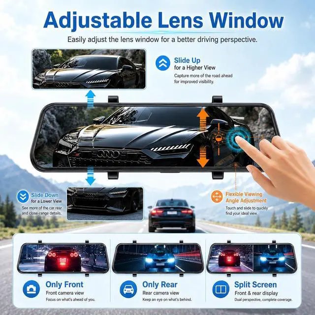 Alt view image 3 of 7 - 3 Channel Mirror Dash Camera for Cars,9.66" Triple Rear View Mirror with Front 4K/3K, Inside and Rear 1080P with WiFi, G-Sensor, Night Vision, Reverse Assist, Parking Monitoring (Include 64GB Card)