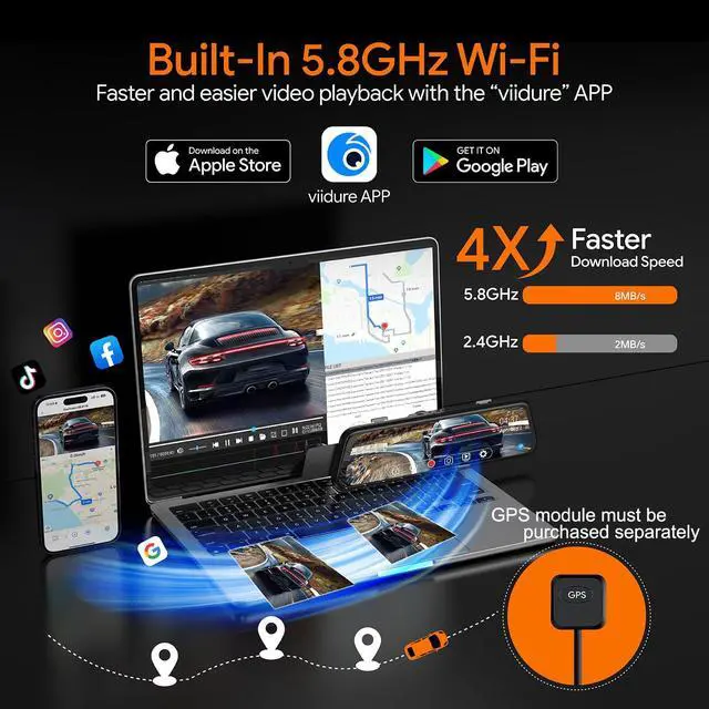 Alt view image 7 of 7 - 3 Channel Mirror Dash Camera for Cars,9.66" Triple Rear View Mirror with Front 4K/3K, Inside and Rear 1080P with WiFi, G-Sensor, Night Vision, Reverse Assist, Parking Monitoring (Include 64GB Card)