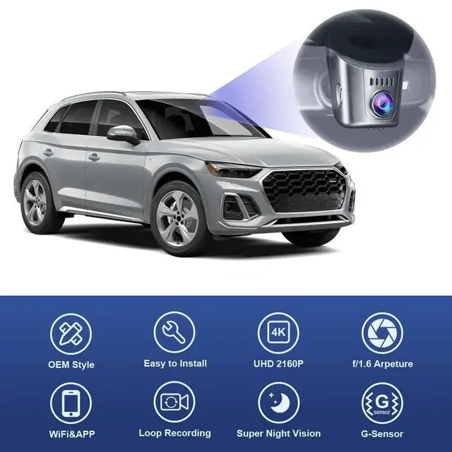 Alt view image 5 of 7 - 4K Dash Cam Adapts for Audi 2019-2026 A4 A6 Allroad A3 A5 Q5 S4 S6 Q7 A8 Q8 S8 TT A7 S5 Q3 e-tron (Model A), OEM Look, Loop Recording, 2160P UHD Video, WiFi & APP, Parking Mode, 64GB Card