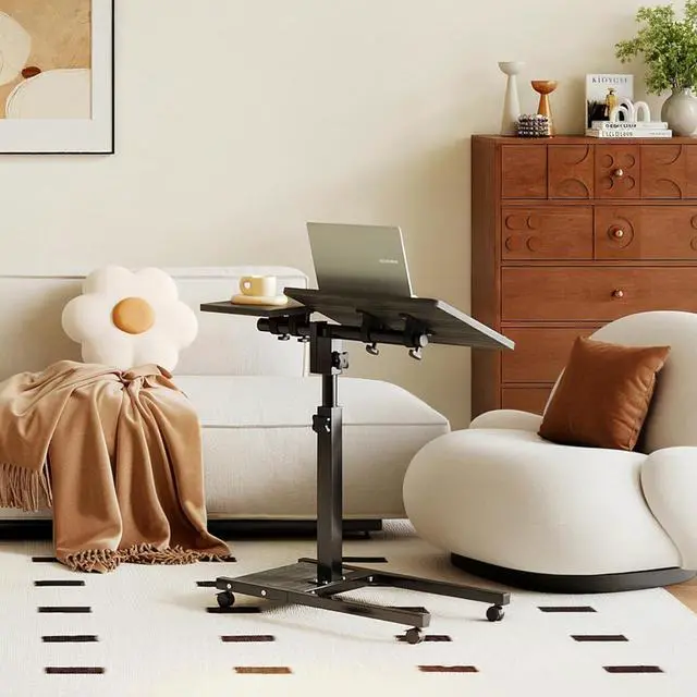 Alt view image 2 of 7 - Laptop Desk Stand for Bed Portable Desk Overbed Bedside Mobile Laptop Table Rolling Foldable Table Adjustable Height with Locked Wheels & Mouse Pad for Office Sofa (Dekuwood Black)