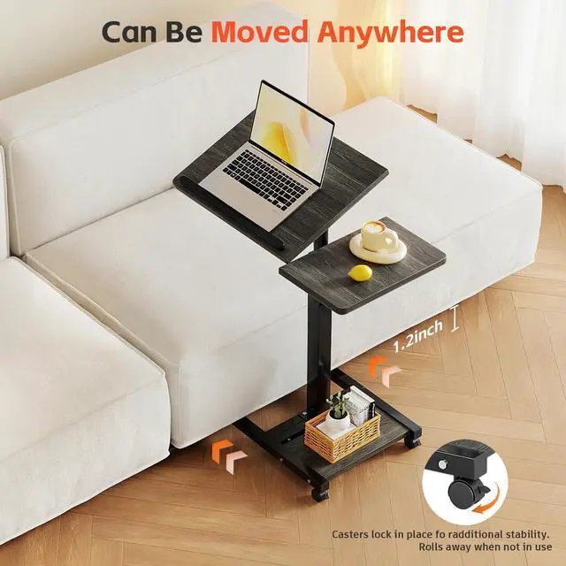 Alt view image 4 of 7 - Laptop Desk Stand for Bed Portable Desk Overbed Bedside Mobile Laptop Table Rolling Foldable Table Adjustable Height with Locked Wheels & Mouse Pad for Office Sofa (Dekuwood Black)