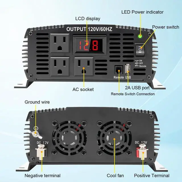 Alt view image 2 of 7 - 2000 Watt car Power Inverter 12V to 110V/120V Inverter for car Truck semi Truck Vehicles Camping with 1 USB Ports and 2 AC Outlet Power Converter with LCD Display 2000W Inverter