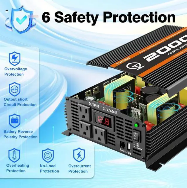 Alt view image 7 of 7 - 2000 Watt car Power Inverter 12V to 110V/120V Inverter for car Truck semi Truck Vehicles Camping with 1 USB Ports and 2 AC Outlet Power Converter with LCD Display 2000W Inverter