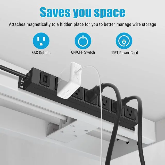 Alt view image 4 of 7 - 6 Outlet Magnetic Power Strip, 14AWG Extension Cord, 10Ft, Black, 1 | Metal Heavy Duty Surge Protector, 1200J Surge Protector with Multiple Outlets, Wall Mount Plug Extender with Switch