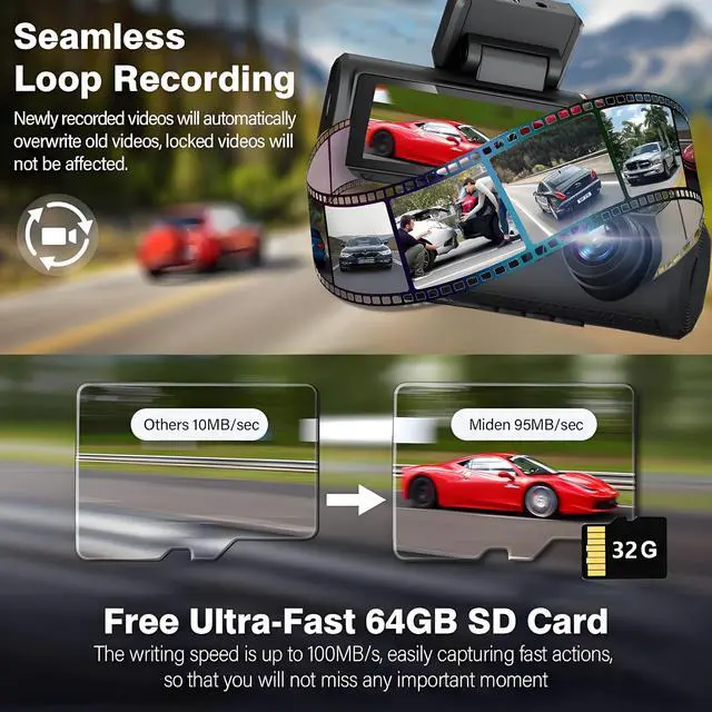 Alt view image 4 of 7 - 3 Channel 4K WiFi Dash Cam, 4K+1080P+1080P Front Inside and Rear, Triple Dash Camera with 32GB Card, APP Control, G-Sensor, 24 Hours Parking Mode, Loop Recording, Night Vision