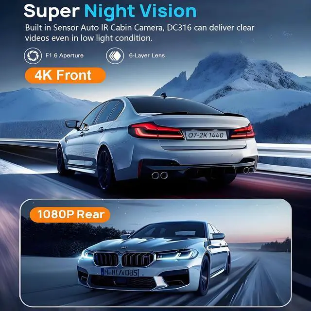 Alt view image 5 of 7 - 3 Channel 4K WiFi Dash Cam, 4K+1080P+1080P Front Inside and Rear, Triple Dash Camera with 32GB Card, APP Control, G-Sensor, 24 Hours Parking Mode, Loop Recording, Night Vision