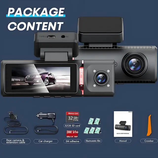 Alt view image 7 of 7 - 3 Channel 4K WiFi Dash Cam, 4K+1080P+1080P Front Inside and Rear, Triple Dash Camera with 32GB Card, APP Control, G-Sensor, 24 Hours Parking Mode, Loop Recording, Night Vision