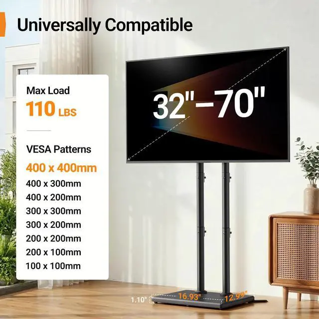 Alt view image 2 of 7 - Universal Floor TV Stand for 3270" TVs up to 110 lbs, Height-Adjustable Tall TV Stand with Solid Wood Base & Extra-Stable Anti-Tip Feet, Swivel TV Mount for Bedroom, VESA 400x400, PGFLS34B