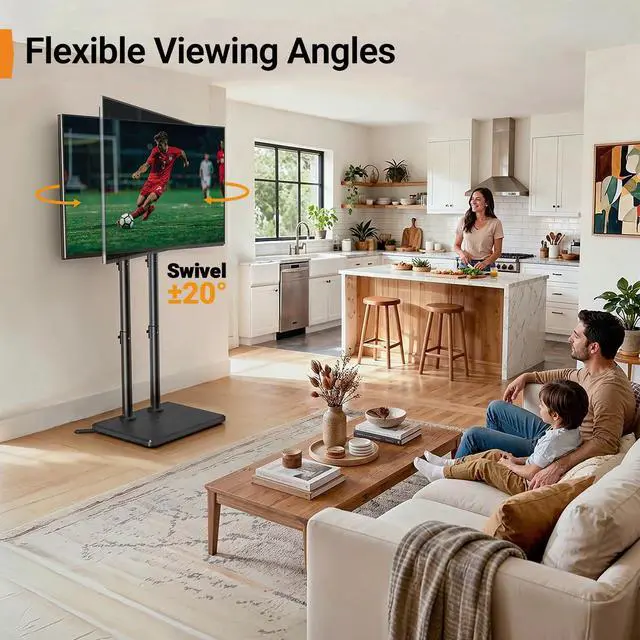 Alt view image 4 of 7 - Universal Floor TV Stand for 3270" TVs up to 110 lbs, Height-Adjustable Tall TV Stand with Solid Wood Base & Extra-Stable Anti-Tip Feet, Swivel TV Mount for Bedroom, VESA 400x400, PGFLS34B