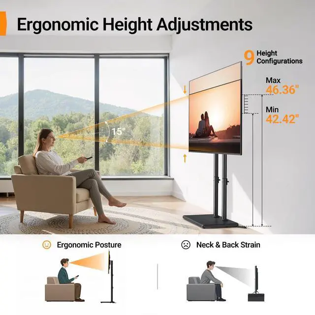 Alt view image 6 of 7 - Universal Floor TV Stand for 3270" TVs up to 110 lbs, Height-Adjustable Tall TV Stand with Solid Wood Base & Extra-Stable Anti-Tip Feet, Swivel TV Mount for Bedroom, VESA 400x400, PGFLS34B
