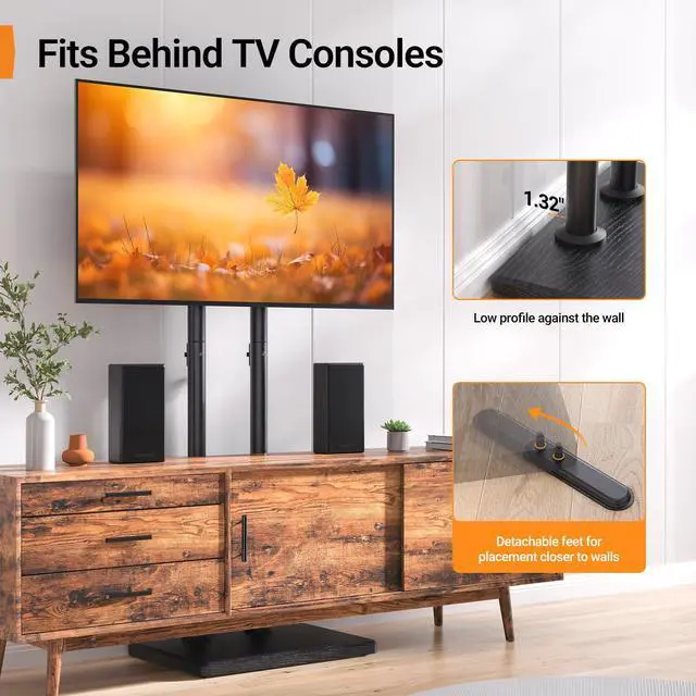 Alt view image 7 of 7 - Universal Floor TV Stand for 3270" TVs up to 110 lbs, Height-Adjustable Tall TV Stand with Solid Wood Base & Extra-Stable Anti-Tip Feet, Swivel TV Mount for Bedroom, VESA 400x400, PGFLS34B