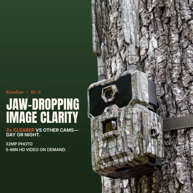 Alt view image 2 of 7 - WiseEye DC-2 Cellular Trail Camera, WiseEye Camo MultiCarrier 4G LTE on AT&T, Verizon & T-Mobile, 32MP Photo, 5-Min HD Video on Demand, Built-in GPS, Internal Storage, Deer Hunting Cam