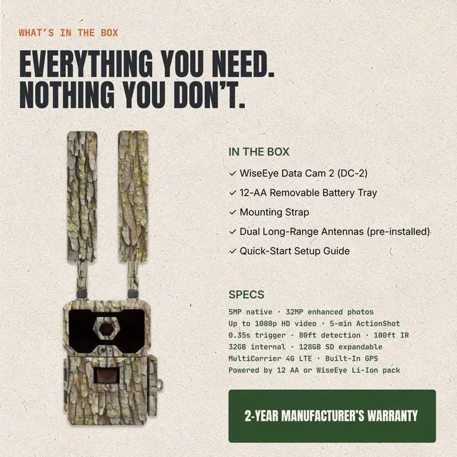 Alt view image 7 of 7 - WiseEye DC-2 Cellular Trail Camera, WiseEye Camo MultiCarrier 4G LTE on AT&T, Verizon & T-Mobile, 32MP Photo, 5-Min HD Video on Demand, Built-in GPS, Internal Storage, Deer Hunting Cam