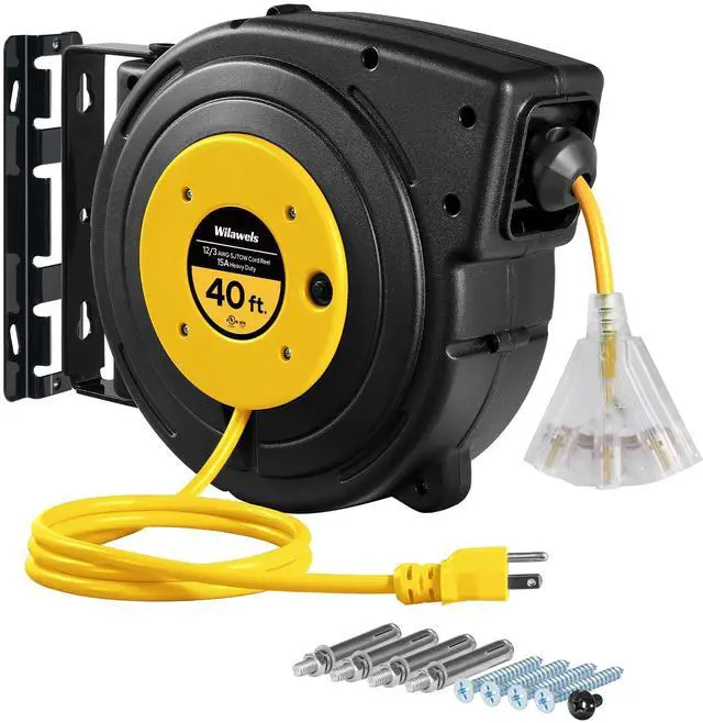 Main image of Retractable Extension Cord Reel, 40 FT Heavy Duty Power Cord, 12AWG/3C SJTOW, 3 Grounded Outlets Lighted Triple Tap, 15 Amp Circuit Breaker, UL Listed, Yellow Y40CR06
