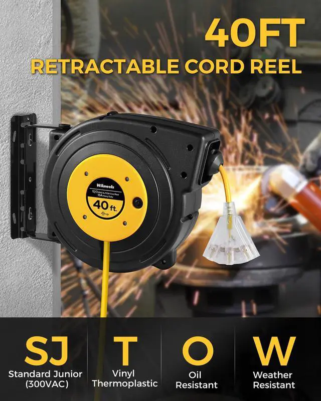 Alt view image 2 of 7 - Retractable Extension Cord Reel, 40 FT Heavy Duty Power Cord, 12AWG/3C SJTOW, 3 Grounded Outlets Lighted Triple Tap, 15 Amp Circuit Breaker, UL Listed, Yellow Y40CR06
