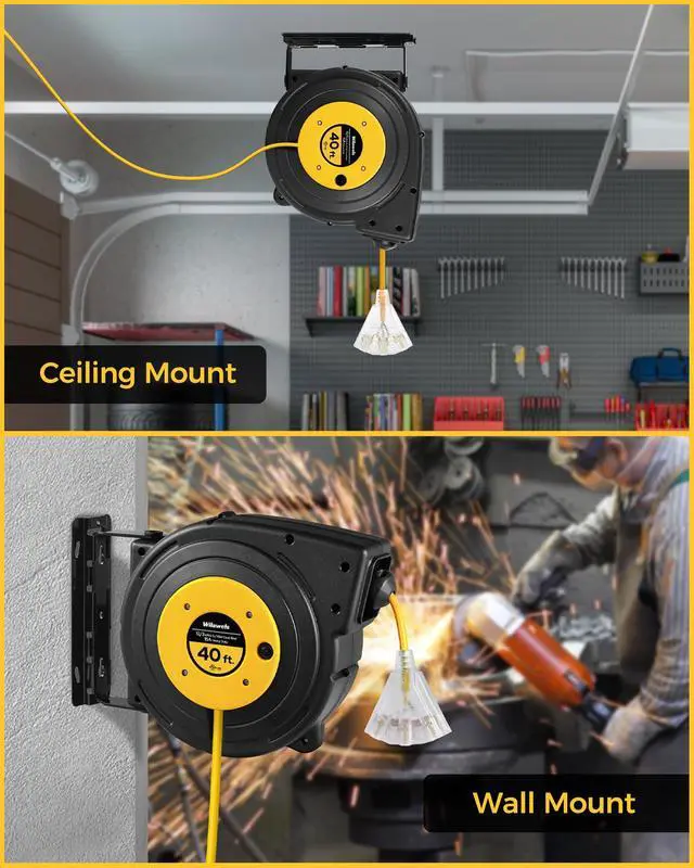 Alt view image 3 of 7 - Retractable Extension Cord Reel, 40 FT Heavy Duty Power Cord, 12AWG/3C SJTOW, 3 Grounded Outlets Lighted Triple Tap, 15 Amp Circuit Breaker, UL Listed, Yellow Y40CR06