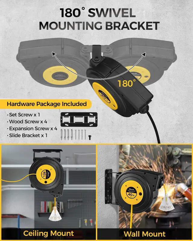 Alt view image 4 of 7 - Retractable Extension Cord Reel, 40 FT Heavy Duty Power Cord, 12AWG/3C SJTOW, 3 Grounded Outlets Lighted Triple Tap, 15 Amp Circuit Breaker, UL Listed, Yellow Y40CR06