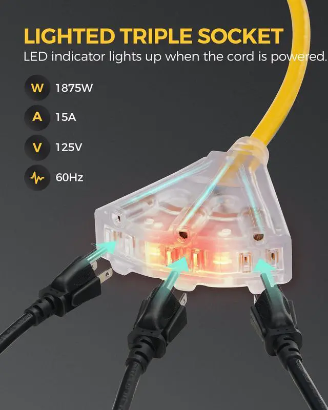 Alt view image 6 of 7 - Retractable Extension Cord Reel, 40 FT Heavy Duty Power Cord, 12AWG/3C SJTOW, 3 Grounded Outlets Lighted Triple Tap, 15 Amp Circuit Breaker, UL Listed, Yellow Y40CR06