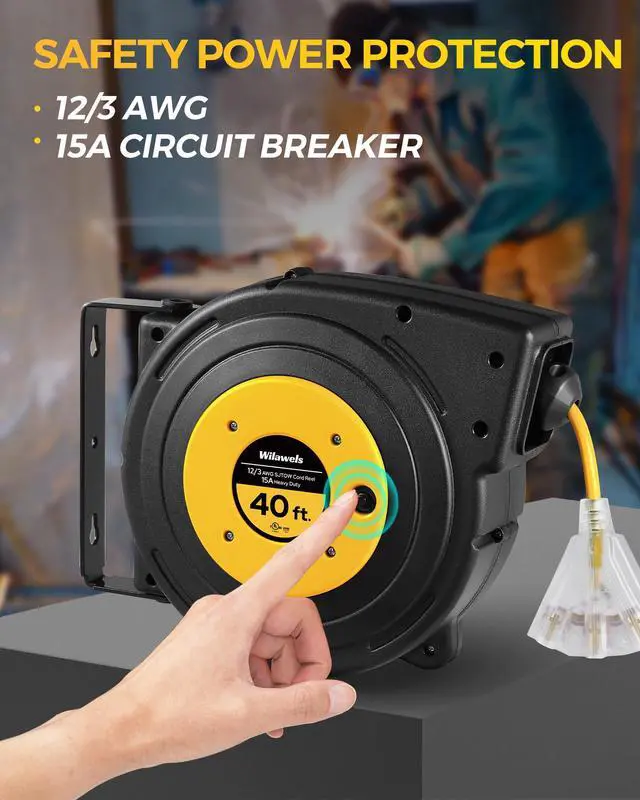Alt view image 7 of 7 - Retractable Extension Cord Reel, 40 FT Heavy Duty Power Cord, 12AWG/3C SJTOW, 3 Grounded Outlets Lighted Triple Tap, 15 Amp Circuit Breaker, UL Listed, Yellow Y40CR06