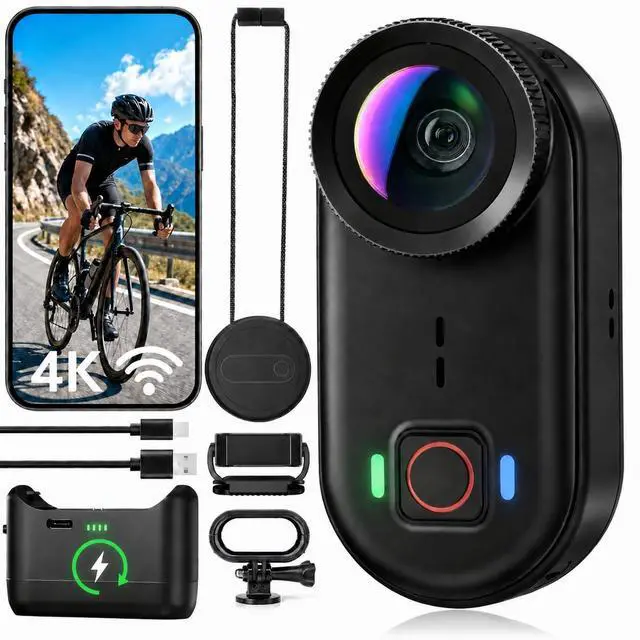 Main image of 4K Waterproof Mini Action Camera, 64GB WiFi POV Video Wearable Body Camera | Magnetic pendant, clip mount, charging base, hands-free POV recording for motorcycle, hiking and sports