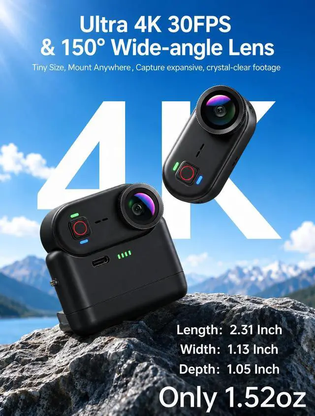 Alt view image 2 of 7 - 4K Waterproof Mini Action Camera, 64GB WiFi POV Video Wearable Body Camera | Magnetic pendant, clip mount, charging base, hands-free POV recording for motorcycle, hiking and sports