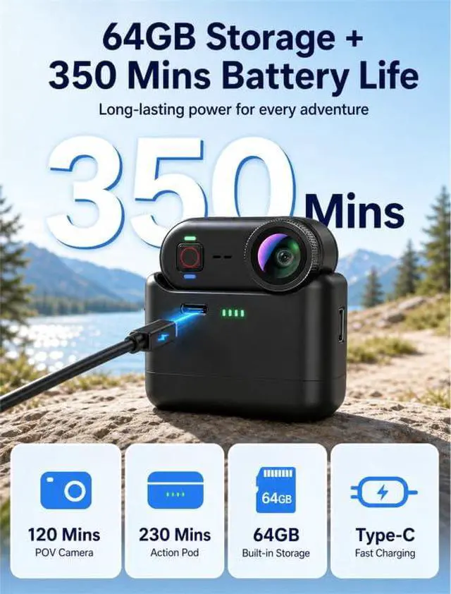 Alt view image 5 of 7 - 4K Waterproof Mini Action Camera, 64GB WiFi POV Video Wearable Body Camera | Magnetic pendant, clip mount, charging base, hands-free POV recording for motorcycle, hiking and sports