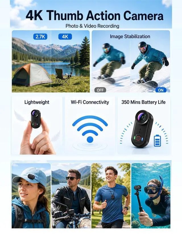 Alt view image 3 of 7 - 4K Waterproof Mini Action Camera, 64GB WiFi POV Video Wearable Body Camera | Magnetic pendant, clip mount, charging base, hands-free POV recording for motorcycle, hiking and sports