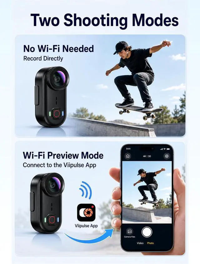 Alt view image 7 of 7 - 4K Waterproof Mini Action Camera, 64GB WiFi POV Video Wearable Body Camera | Magnetic pendant, clip mount, charging base, hands-free POV recording for motorcycle, hiking and sports