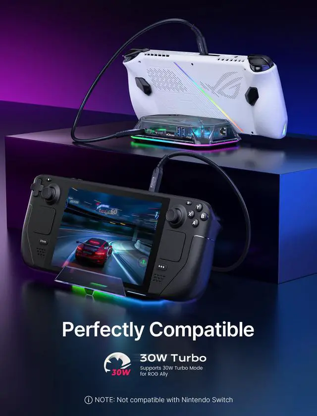 Alt view image 5 of 7 - 12-in-1 RGB Docking Station for Steam Deck/ROG Ally/Legion Go-HB1201S | 4K@120Hz HDMI & DisplayPort, VRR Supported, 100W PD Charging, USB 3.2, Gigabit Ethernet, 6 RGB Modes, SD/TF Slots, 3.5mm Jack