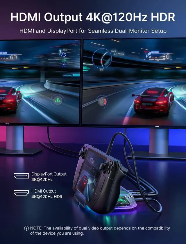 Alt view image 6 of 7 - 12-in-1 RGB Docking Station for Steam Deck/ROG Ally/Legion Go-HB1201S | 4K@120Hz HDMI & DisplayPort, VRR Supported, 100W PD Charging, USB 3.2, Gigabit Ethernet, 6 RGB Modes, SD/TF Slots, 3.5mm Jack