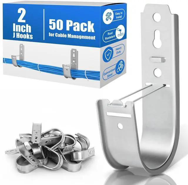 Main image of 50 Pack2 Inch J Hooks for Cabling, Galvanized Steel Cable Supports | Heavy Duty Wall/Ceiling Mount, Retainer Clips for Network Cable Management, CAT5e, CAT6, Coaxial, Fiber Optic and Conduit