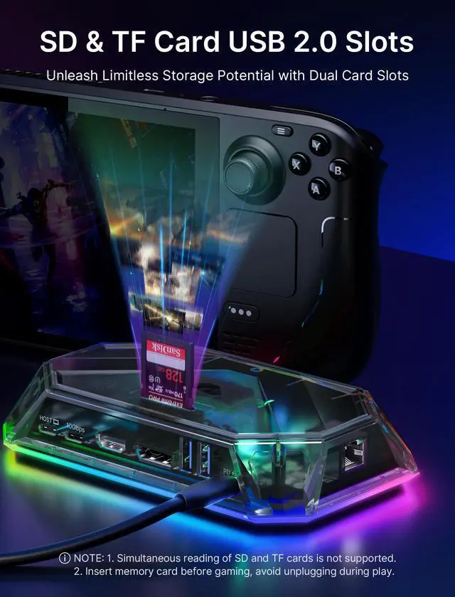 Alt view image 7 of 7 - 12-in-1 RGB Docking Station for Steam Deck/ROG Ally/Legion Go-HB1201S | 4K@120Hz HDMI & DisplayPort, VRR Supported, 100W PD Charging, USB 3.2, Gigabit Ethernet, 6 RGB Modes, SD/TF Slots, 3.5mm Jack