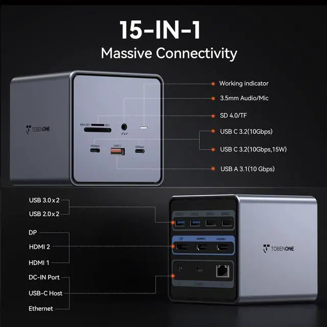 Alt view image 2 of 7 - USB C Docking Station Dual/Triple Monitors with 150W Power Adapter | 2 HDMI, DP, 5 USB, Ethernet, SD/Micro SD 4.0, Fast Data Transfer, Dell/HP/Lenovo, for Stock Traders and Financial Analysts
