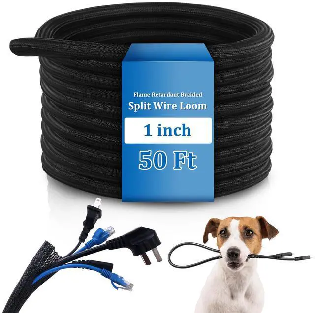 Main image of 50ft Split Wire Loom Tubing Flame Retardant Braided Cable Sleeve Split High Temperature Cable Conduit Auto Wire Conduit for Industrial Electrical Tinsel Automotive Marine(50 Ft, 1")