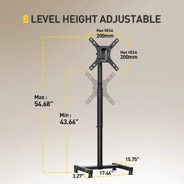Alt view image 3 of 7 - AM TV Floor Stand for 13-43 inch Flat/Curved TVs up to 44 lbs, 8 Level Height Adjustable Monitor Floor TV Stand with VESA 200x200, Portable TV Mount Stand for Living Room, Bedroom, Office