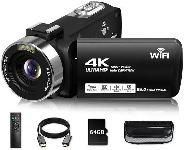 Main image of Video Camera, 4K Camcorder 56MP Digital Video Recorder 18X Zoom 3" 270° Rotation Touchscreen IR Night Vision, Wifi Vlogging Camera for YouTube 64GB Card Anti-Shake Remote Control Camera Bag Lens Cap
