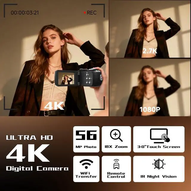 Alt view image 2 of 7 - Video Camera, 4K Camcorder 56MP Digital Video Recorder 18X Zoom 3" 270° Rotation Touchscreen IR Night Vision, Wifi Vlogging Camera for YouTube 64GB Card Anti-Shake Remote Control Camera Bag Lens Cap