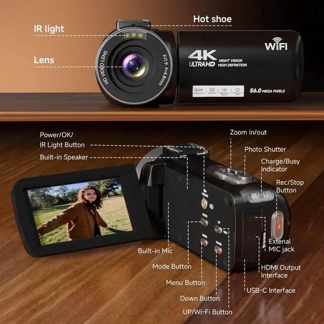 Alt view image 7 of 7 - Video Camera, 4K Camcorder 56MP Digital Video Recorder 18X Zoom 3" 270° Rotation Touchscreen IR Night Vision, Wifi Vlogging Camera for YouTube 64GB Card Anti-Shake Remote Control Camera Bag Lens Cap